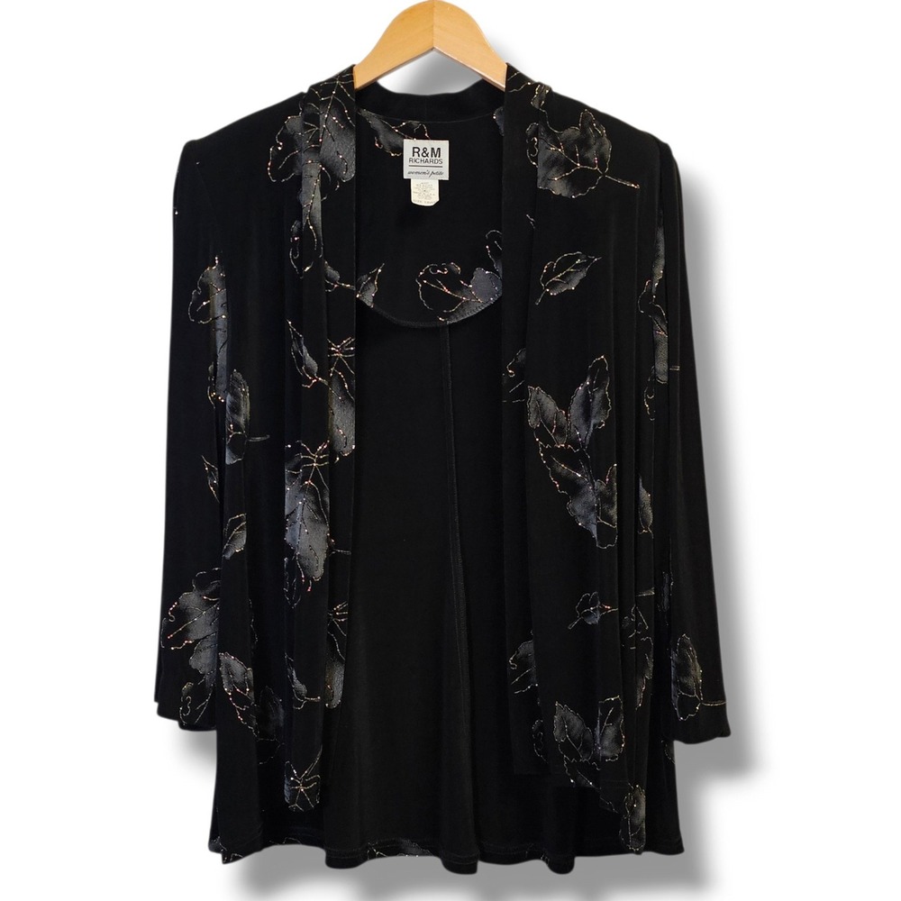 R&M Richards Jacket 18P Womens Black Gold Leaf Glitter Dressy Event Holiday Glam